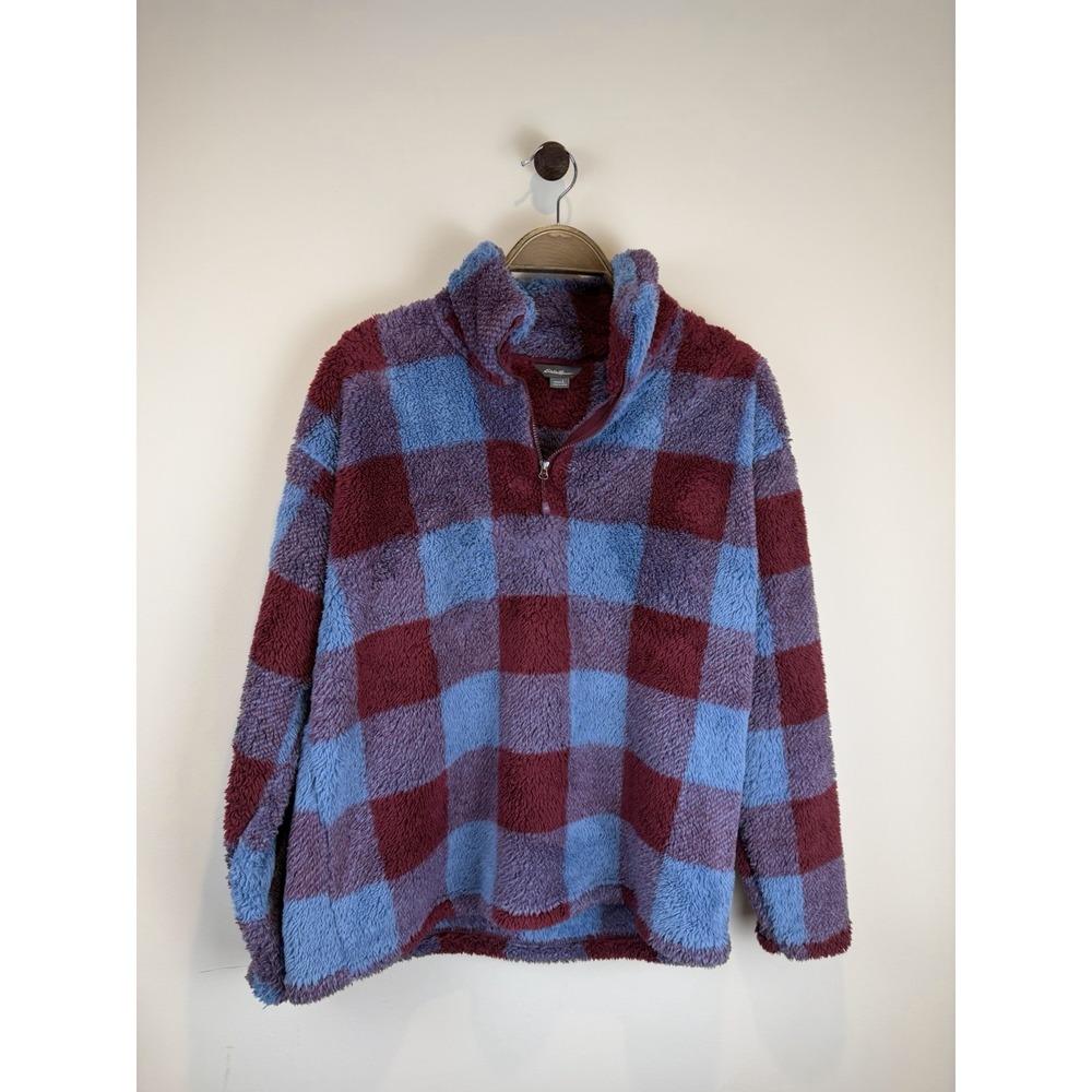 Eddie Bauer Pullover Womens Large L Sherpa Fuzzy Plaid Checkered Half Zip Cozy
